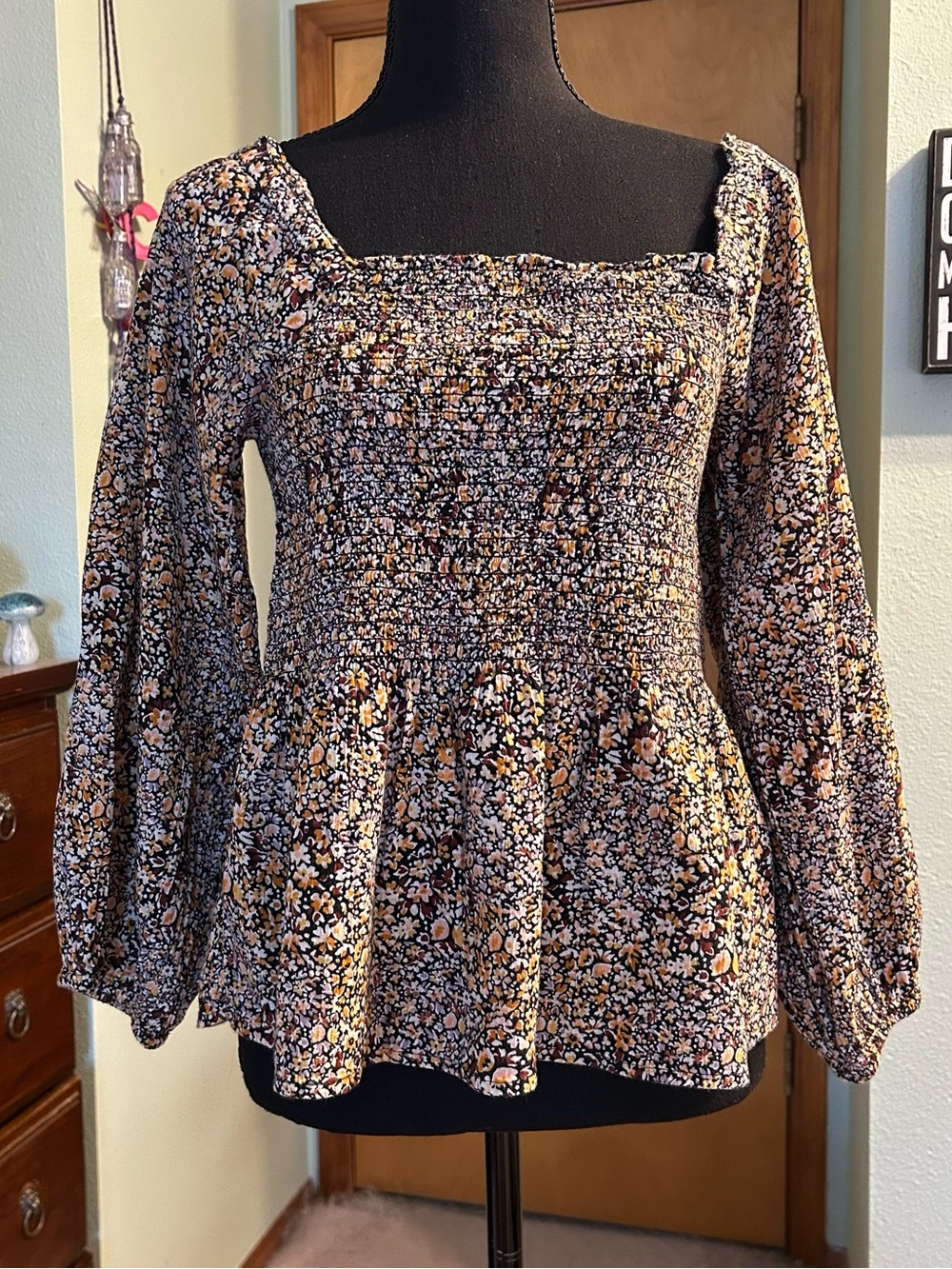 Madewell Lucie Floral Smocked top long puff sleeve square neck ruffles size 4